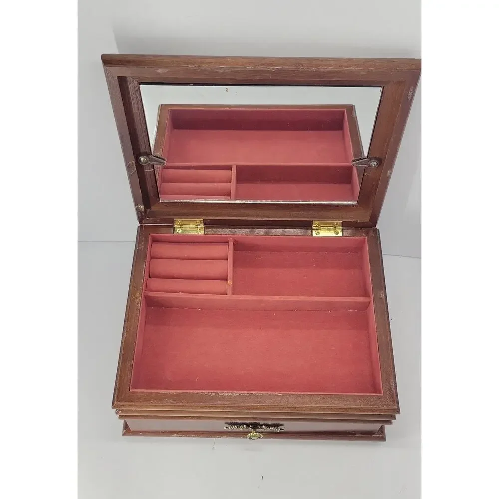 Wooden Jewelry Box with Photo Frame Lid Mirror Drawer Ring Organizer Brown